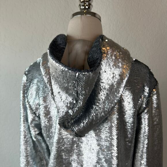 RTA Sequin Hoodie Jacket Silk Lined Kanagroo Pocket size XS Silver - Picture 16 of 16